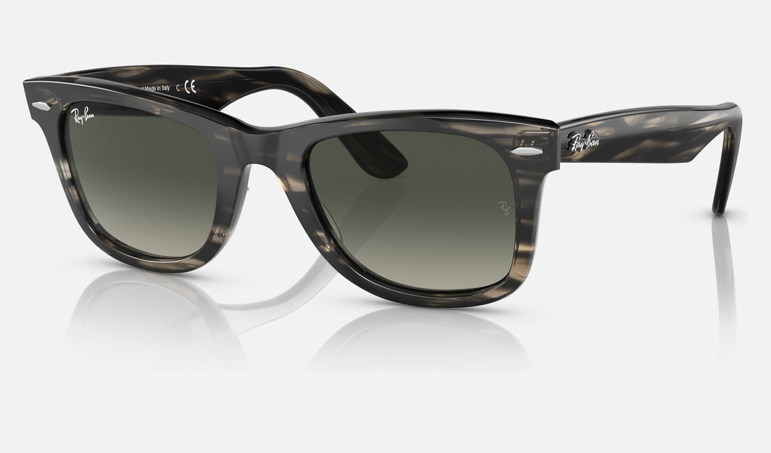 Ray-Ban Wayfarer RB2140 — Striped Grey / Gradient Grey — quarter view