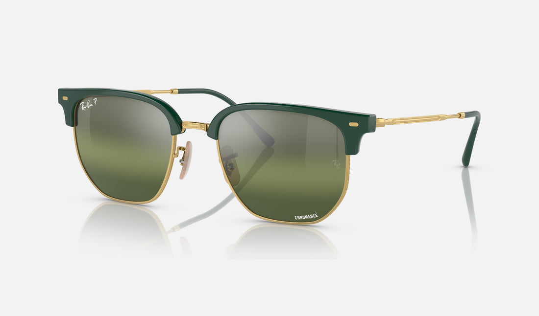 Ray-Ban New Clubmaster RB4416 — Green on Gold / Silver/green Polarized+ — quarter view