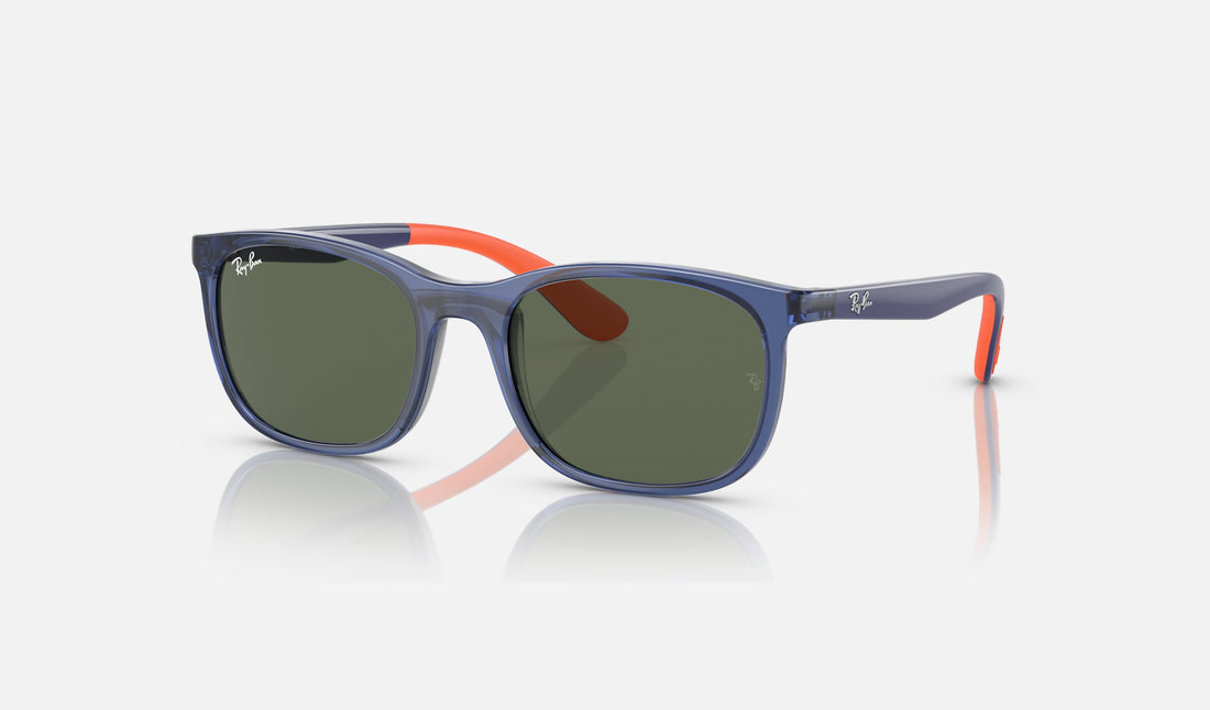 Ray-Ban Junior RJ9076S — Blue on Orange / Green — quarter view