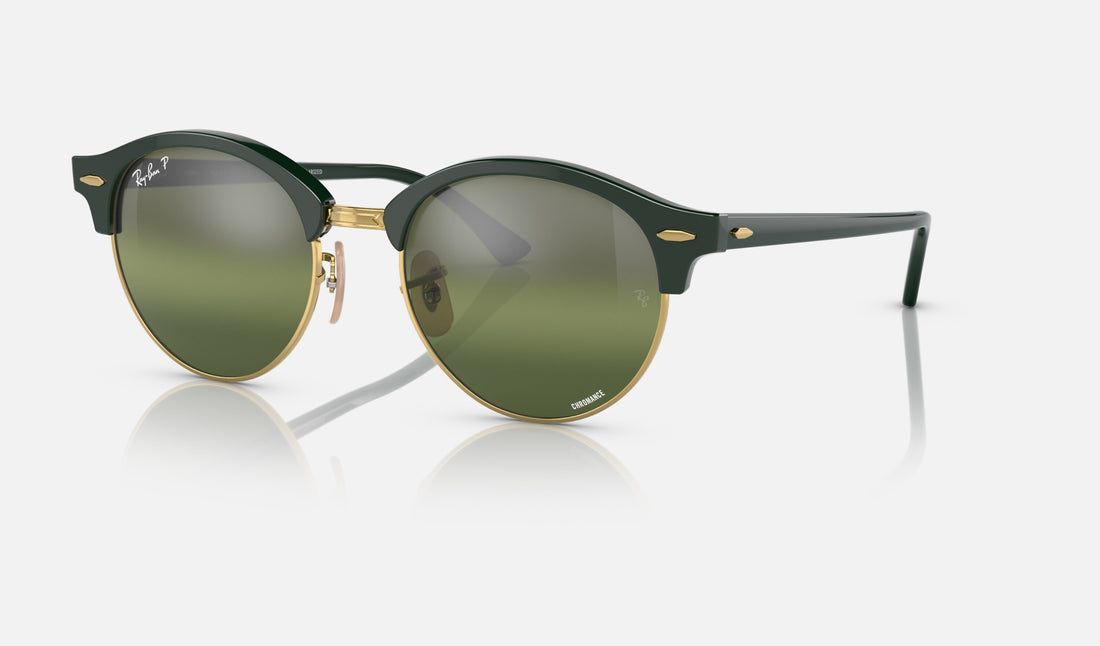 Ray-Ban Clubround RB4246 — Green on Gold / Silver/green Polarized+ — quarter view