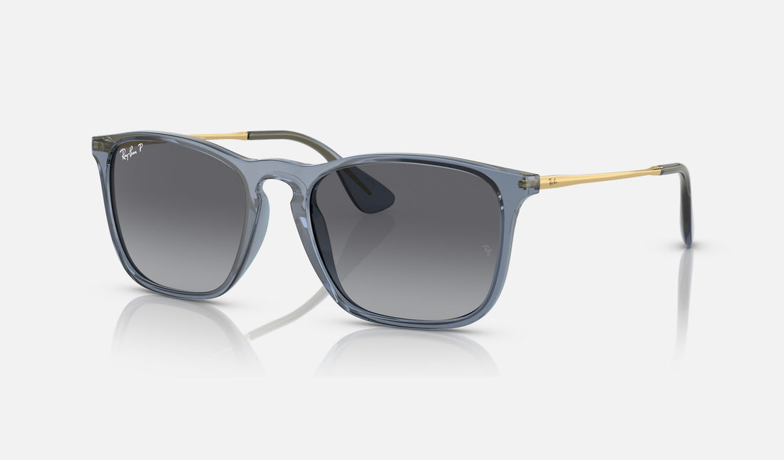 Ray-Ban Chris RB4187F — Transparent Blue / Grey Polarized — quarter view