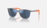 Ray-Ban Junior RJ9077S — Grey on Orange / Dark Blue — quarter view