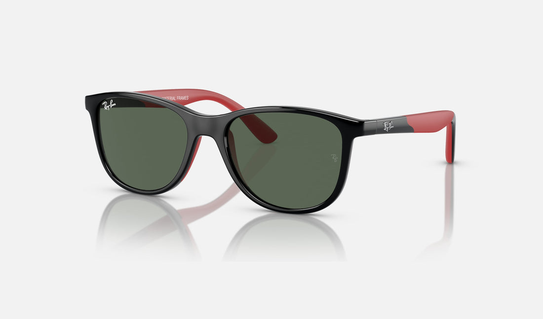 Ray-Ban Junior RJ9077SF — Black on Red / Dark Green — quarter view