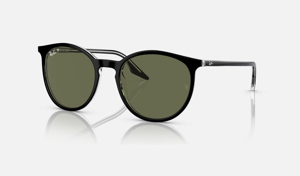 Ray-Ban RB2204 — Black on Transparent / Green Polarized — quarter view