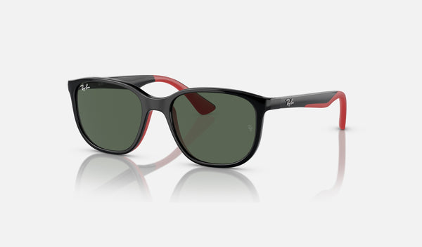 Ray-Ban Junior RJ9078S — Black on Red / Dark Green — quarter view